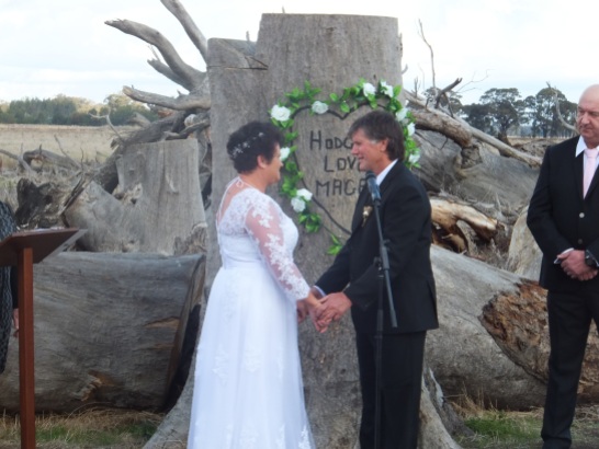 Annette and Pete were married in front of a special tree stump. Pete had carved a heart with the words "Hodgie loves Magpie" into it for her birthday.